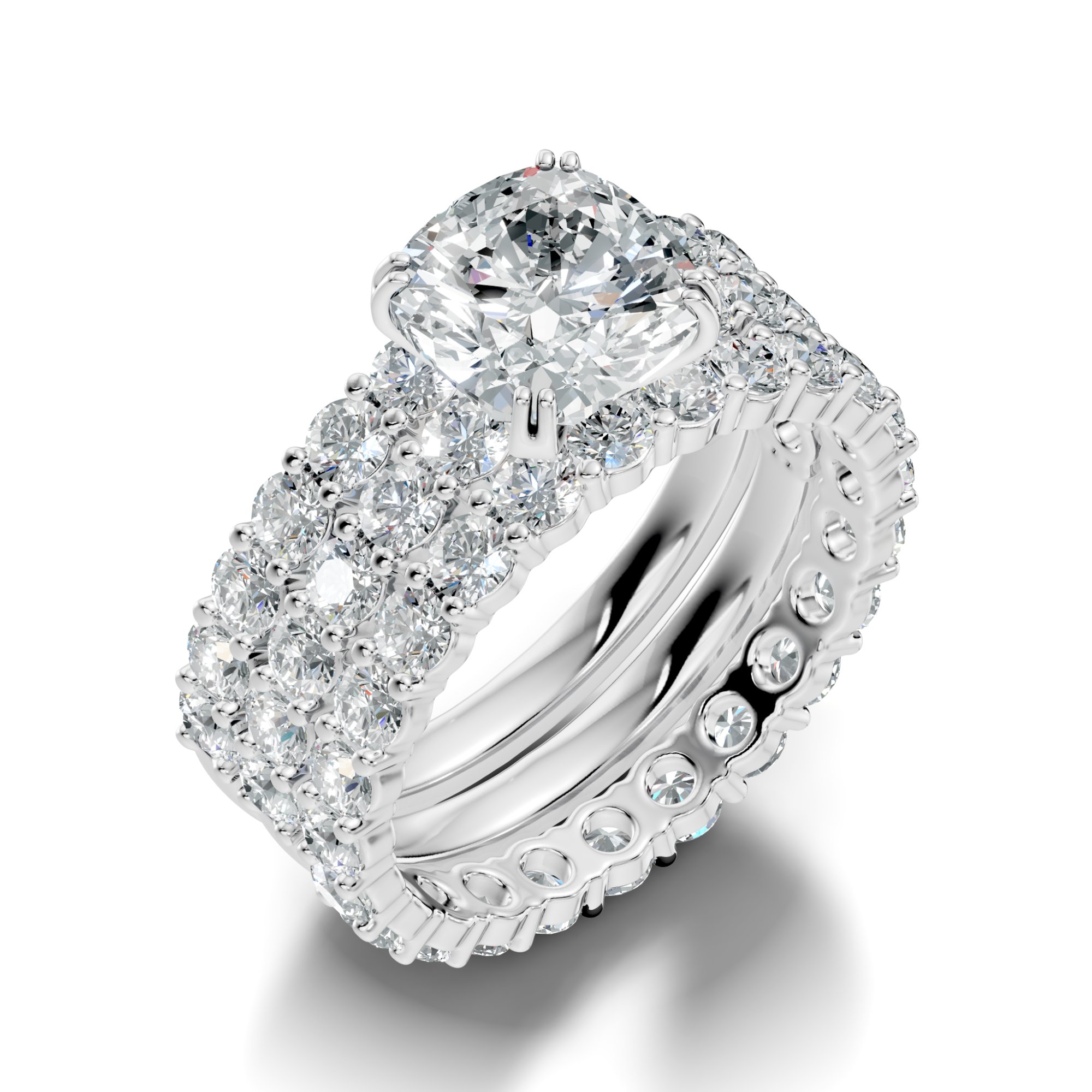 Majesta Trio Cushion & Round Lab-Grown Diamond Bridal Ring Set (5.505 CTW) - KJLP-RG-10008-S925-LG